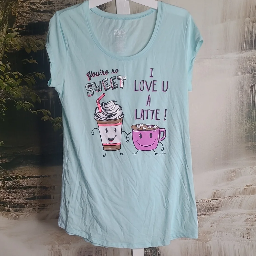 Justice Girls 20 teal short sleeve coffee and latte Tshirt